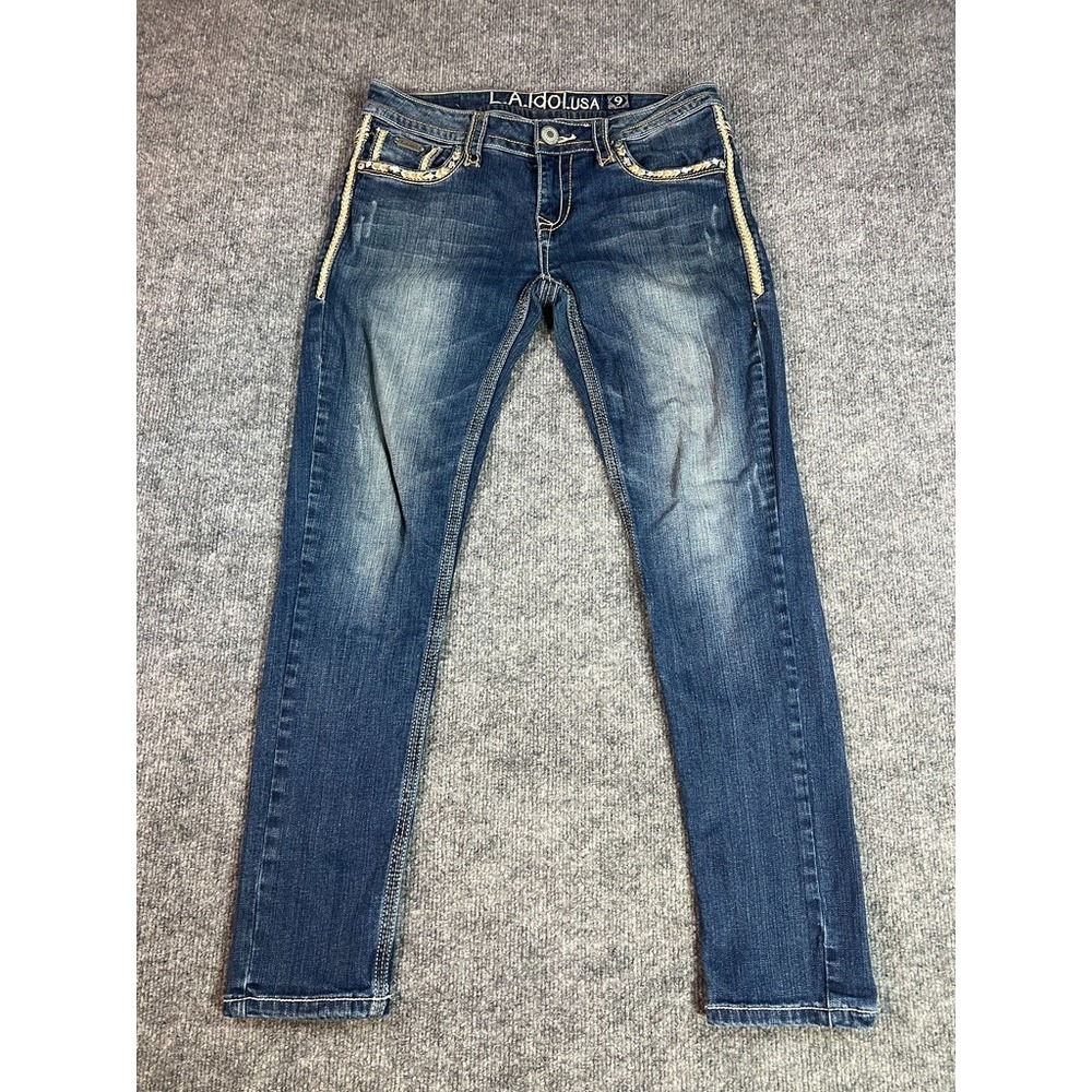 LA Idol USA Juniors 9 Embellished Skinny‎ Jeans Contrast Stitch Western Cowgirl